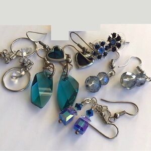 6 Pairs of Earrings Bundle Lot Blues, Greens, Silver Tone Dangle